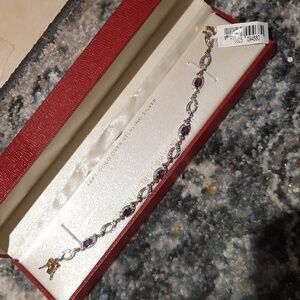 18K GOLD/SOLID STERLING SILVER AMETHYST DIAMOND TENNIS BRACELET FEB BIRTHSTONE